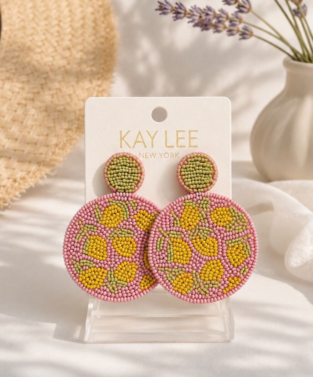 Kay Lee Pink Lemon Round Beaded Earrings New